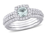 1.33 Carat (ctw) Aquamarine and Lab-Created White Sapphire Engagement Ring & Wedding Band Set Sterling Silver
